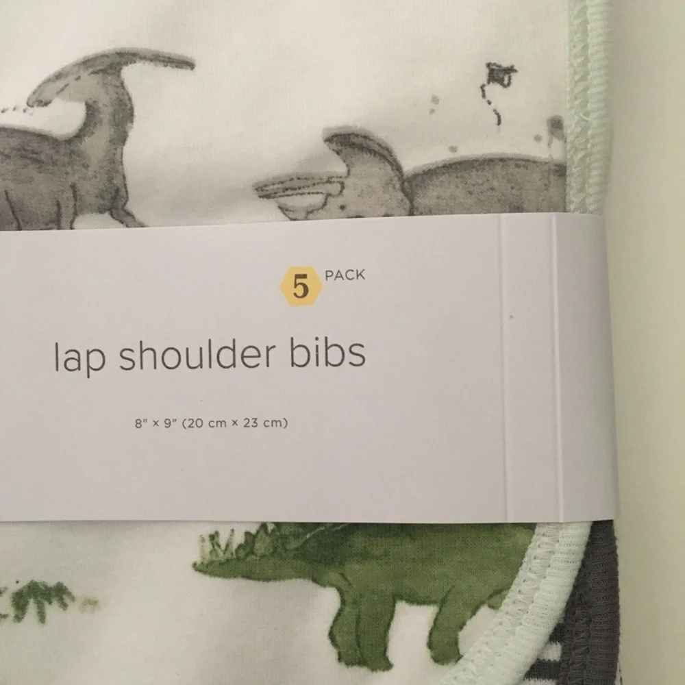 Burt’s Bees 5 Lap Shoulder Bibs Organic Cotton Green Dinosaurs Solid Stripes NEW